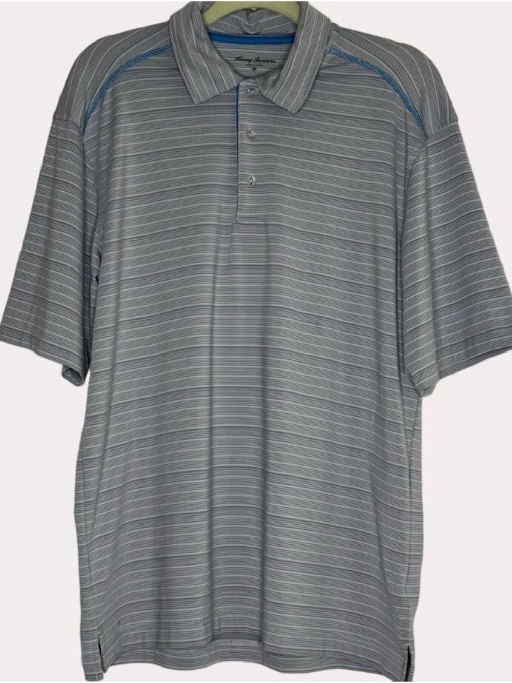 Tommy Bahama Gray Striped Polo with Blue Trim